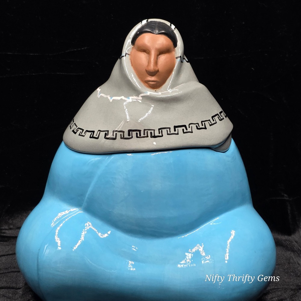 Native American Style Cookie Jar‎ Ceramic Blue Dress Gray Shawl Vintage